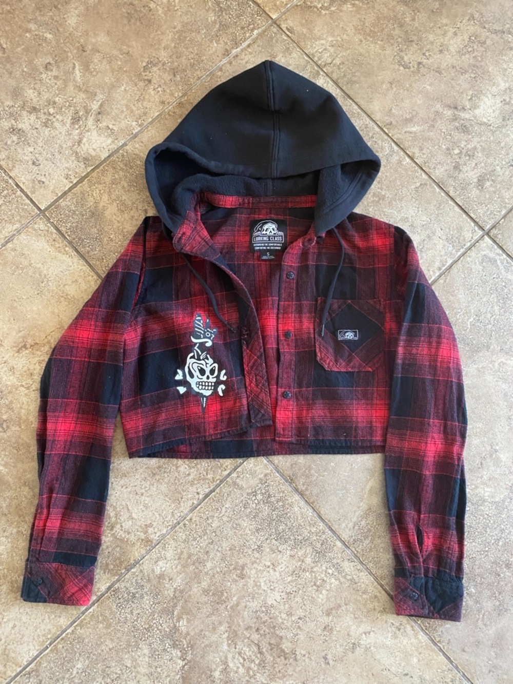 Lurking Class Red & Black Plaid Cropped Hooded Button Up Flannel Jacket Size S